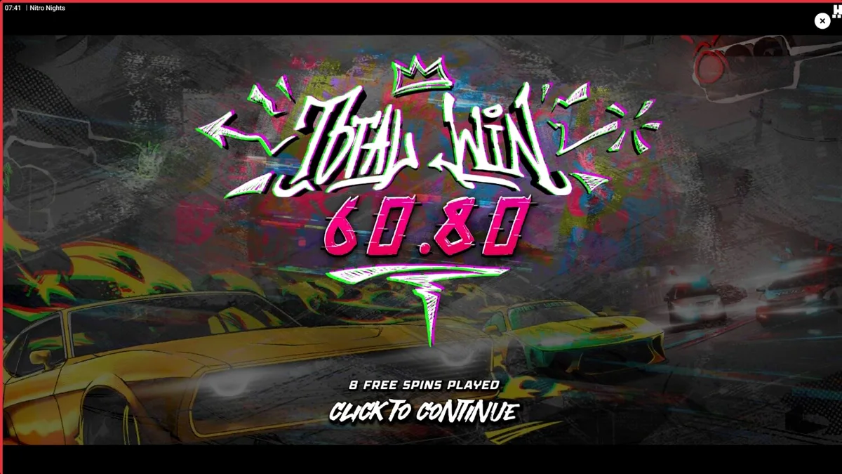 Tampilan layar permainan slot Nitro Nights dengan tema balap jalanan neon