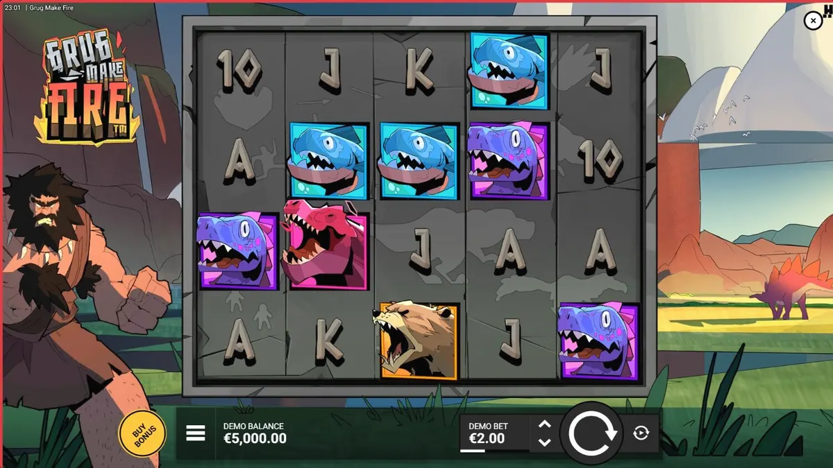 Tampilan visual slot Grug Make Fire dengan tema prasejarah yang brutal