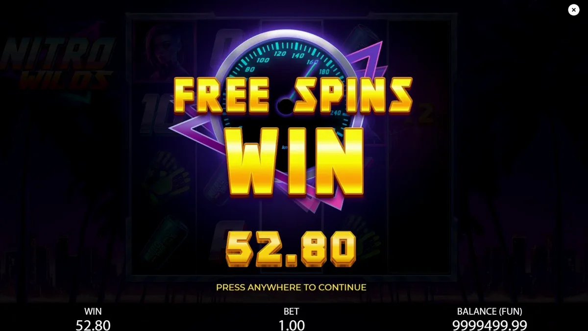 Tampilan visual neon retro dari slot Nitro Wilds dengan latar belakang balap malam hari.